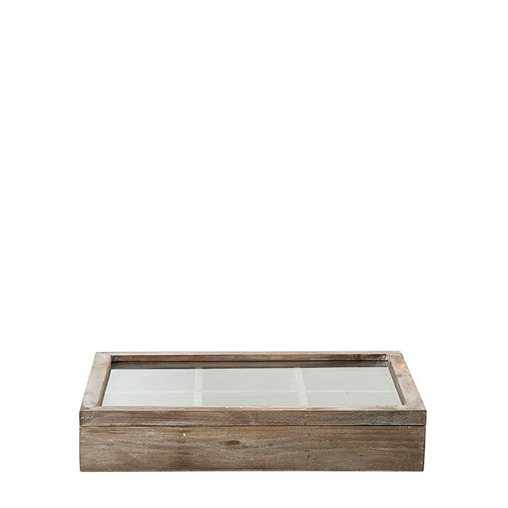 Boite en bois 6 compartements et couvercle en verre 38 x 25 h7 cm