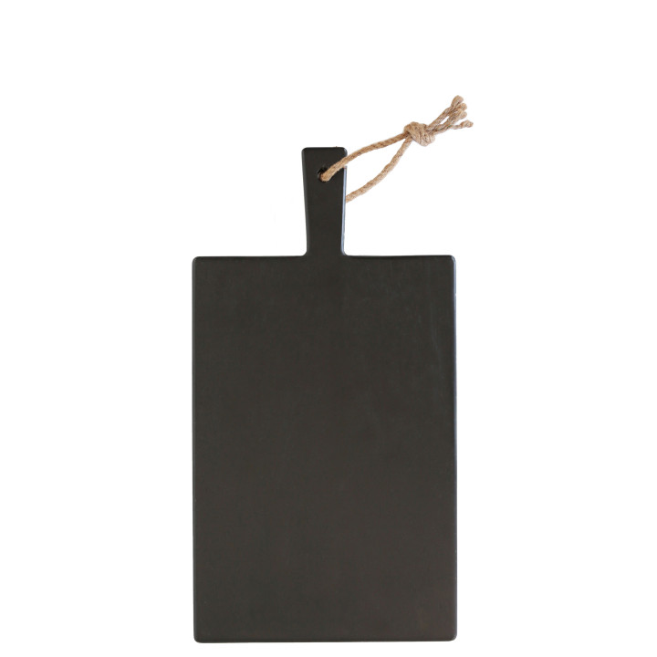 Planche a decouper decorative en bois noir avec laniere naturelle 26.5 x 41 cm