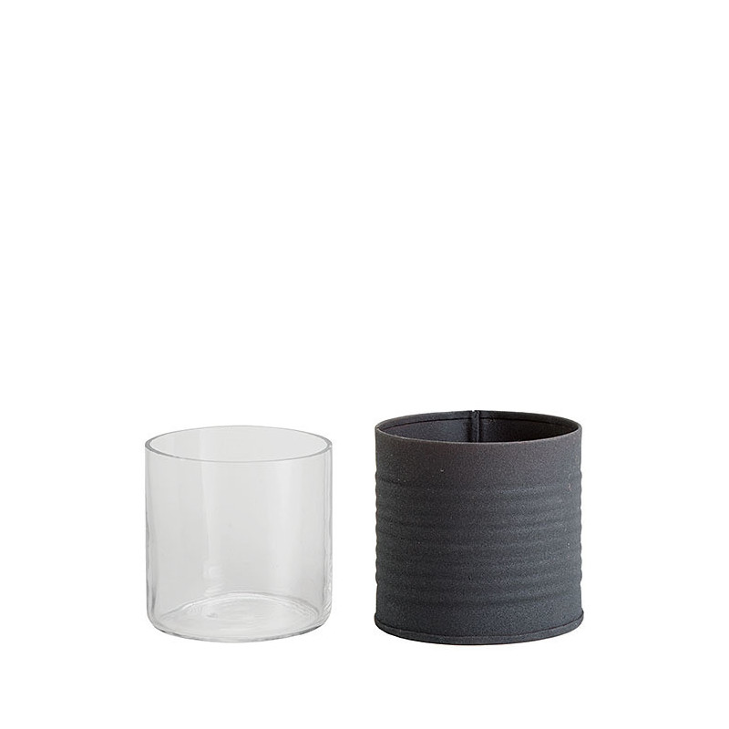 Pot noir en fer-blanc rayures horizontales et verre d7 h7 cm