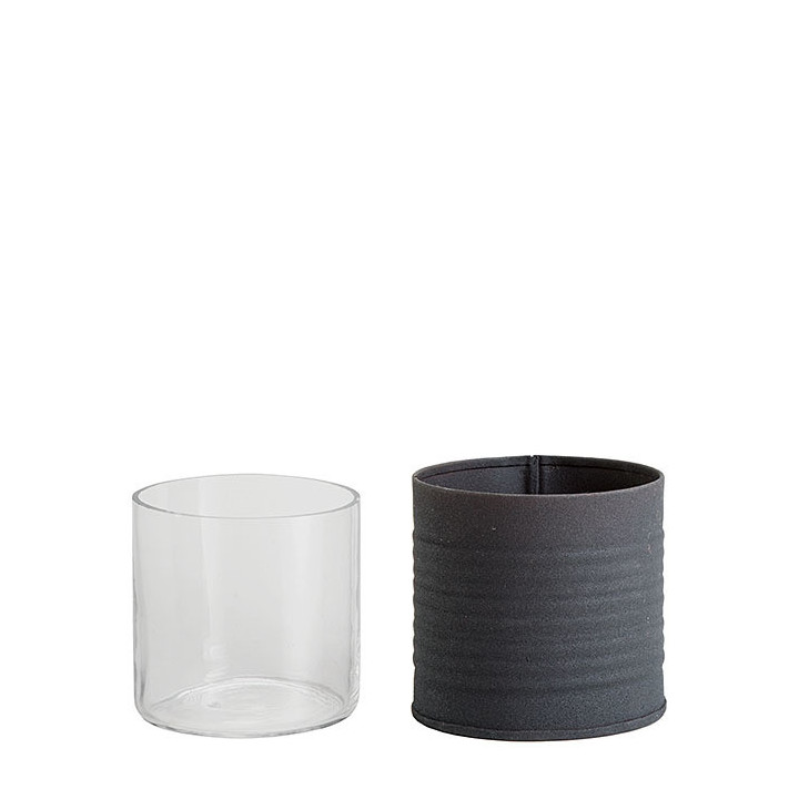 Pot noir en fer-blanc rayures horizontales et verre d7 h7 cm