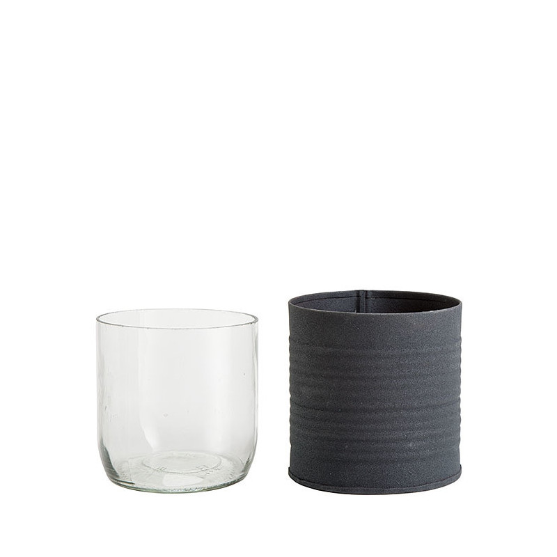 Dark matt tin jar with horizontal stripes and glass d8 h8 cm