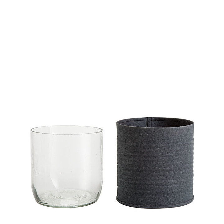 Dark matt tin jar with horizontal stripes and glass d8 h8 cm