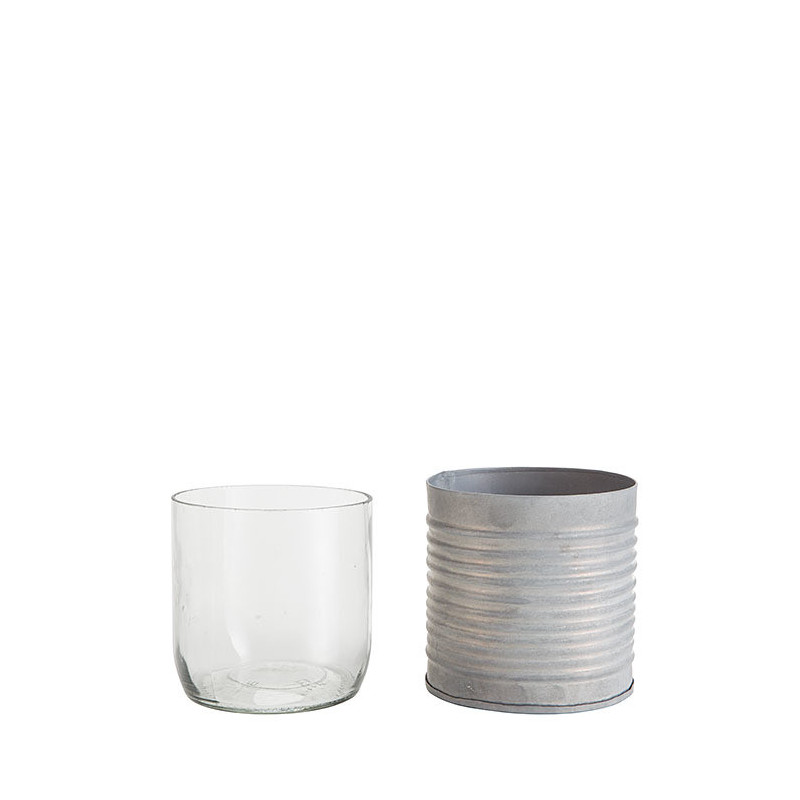 Pot en fer-blanc avec rayures horizontales et verre d8 h8 cm