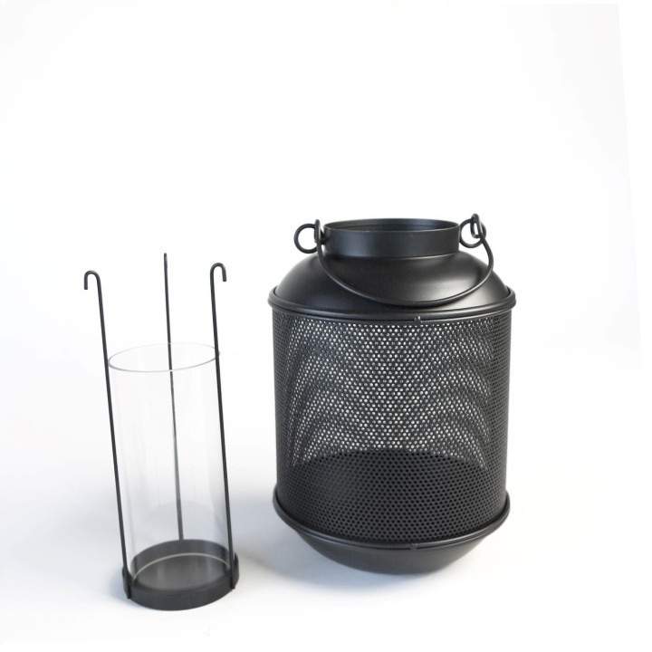 Perforated mat black iron lantern d16 h23 cm