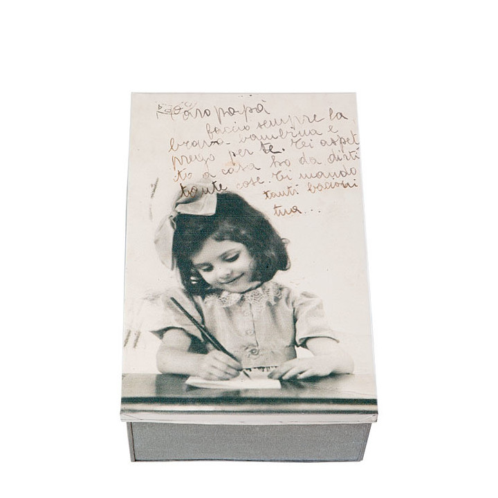 Boite en fer-blanc avec fille qui ecrit a son papa 21 x 32 h12 cm