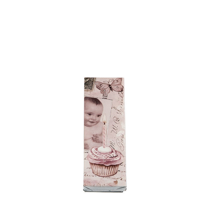 Boite vintage en fer blanc premiÈre anniversaire avec bougie rose 23.5x7.5 h4 cm