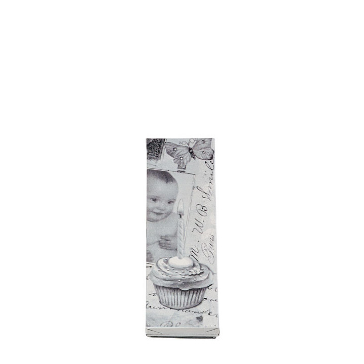 Boite vintage en fer blanc premiÈre anniversaire avec bougie bleue clair 23.5x7.5 h4 cm