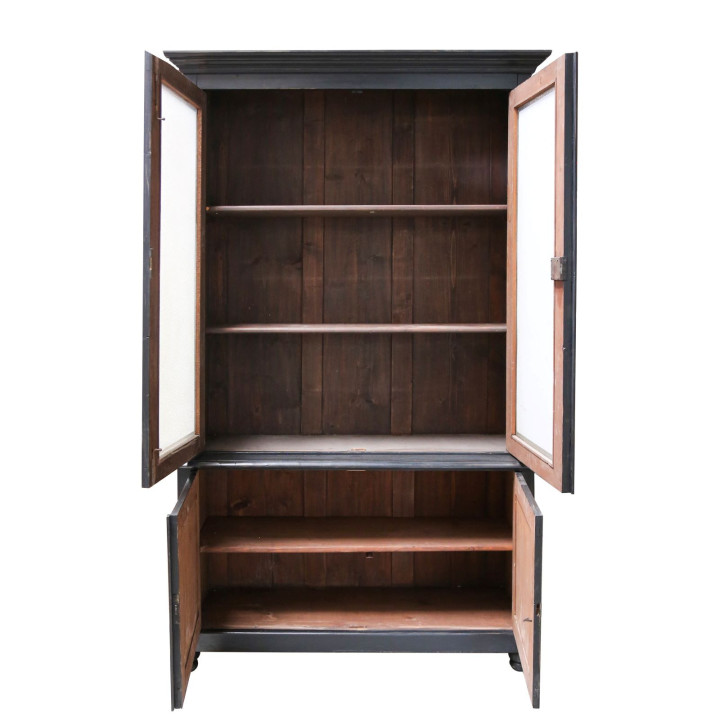 Vintage wooden black showcase with original glasses 125 x 48 h215 cm