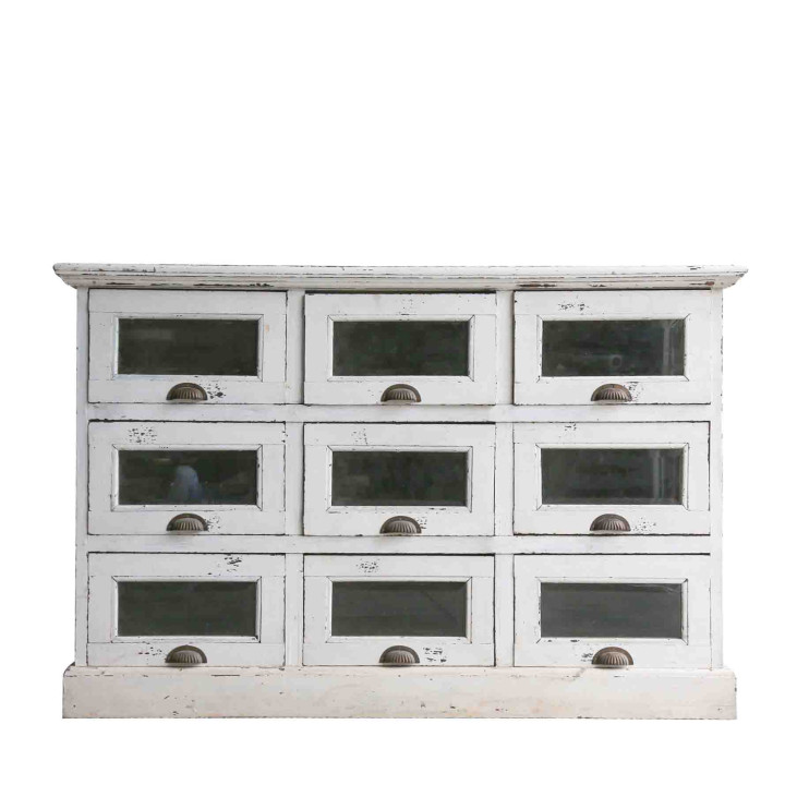White shabby wooden furniture with 9 drawers 50x142 h90 cm