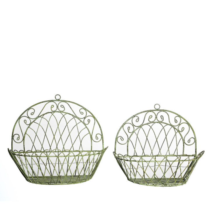 Set of 2 green woven iron vase holders (2 sizes)