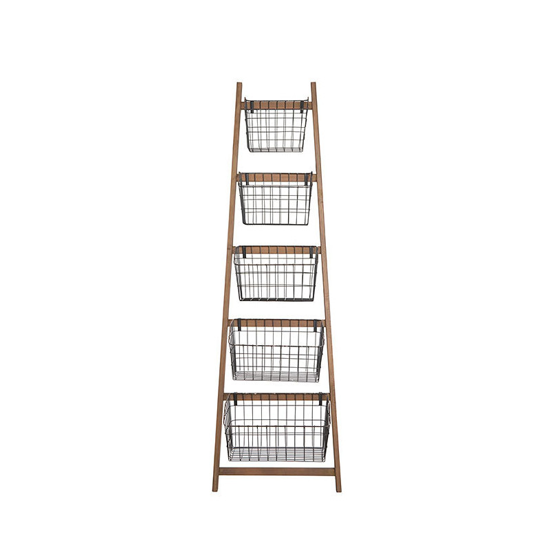 Natural wooden ladder with 5 dark iron baskets h187 cm