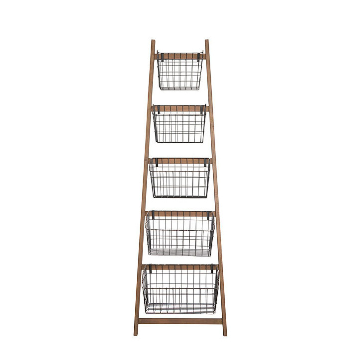 Echelle d'exposition en bois naturel avec 5 paniers en fer fonce  h187 cm