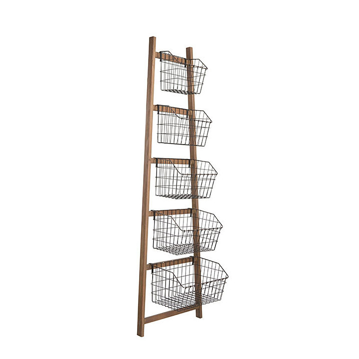 Natural wooden ladder with 5 dark iron baskets h187 cm