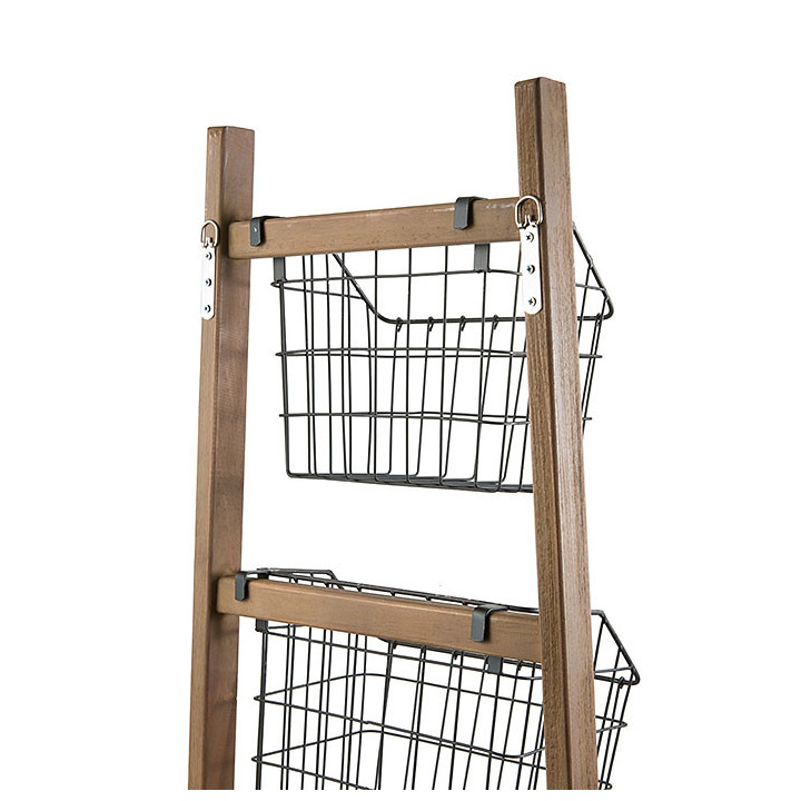 Natural wooden ladder with 5 dark iron baskets h187 cm