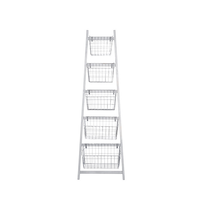 Echelle d'exposition en bois blanc avec 5 paniers en fer blanc h187 cm