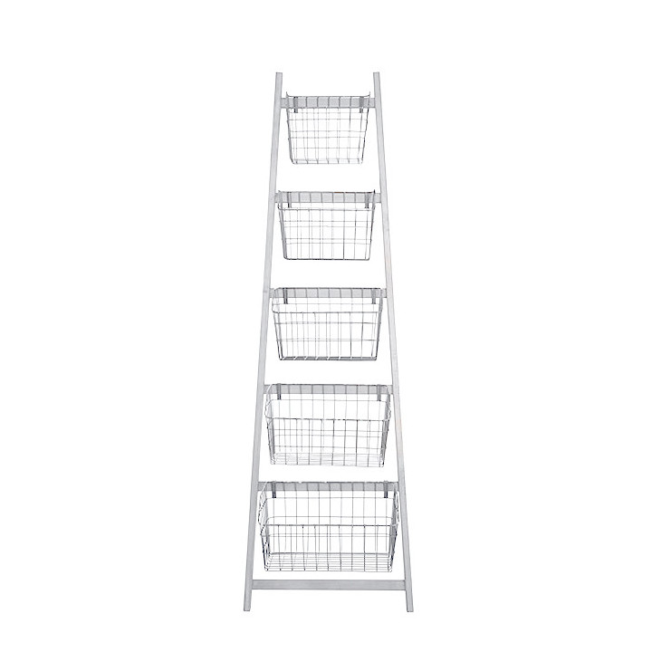 Echelle d'exposition en bois blanc avec 5 paniers en fer blanc h187 cm