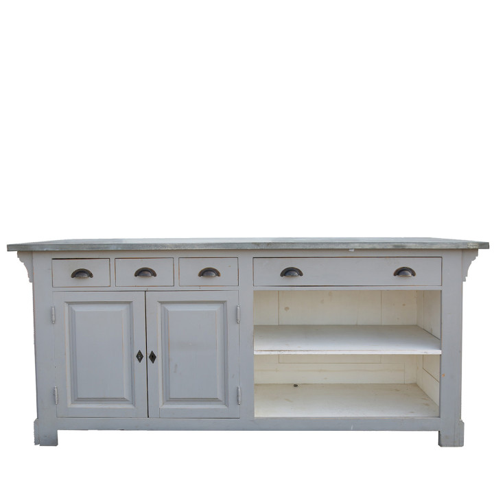 Shabby gray counter with metal sheet top 68x191 h95 cm