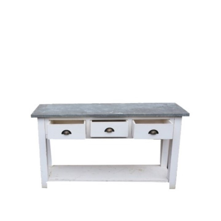 Shabby white counter with metal sheet top