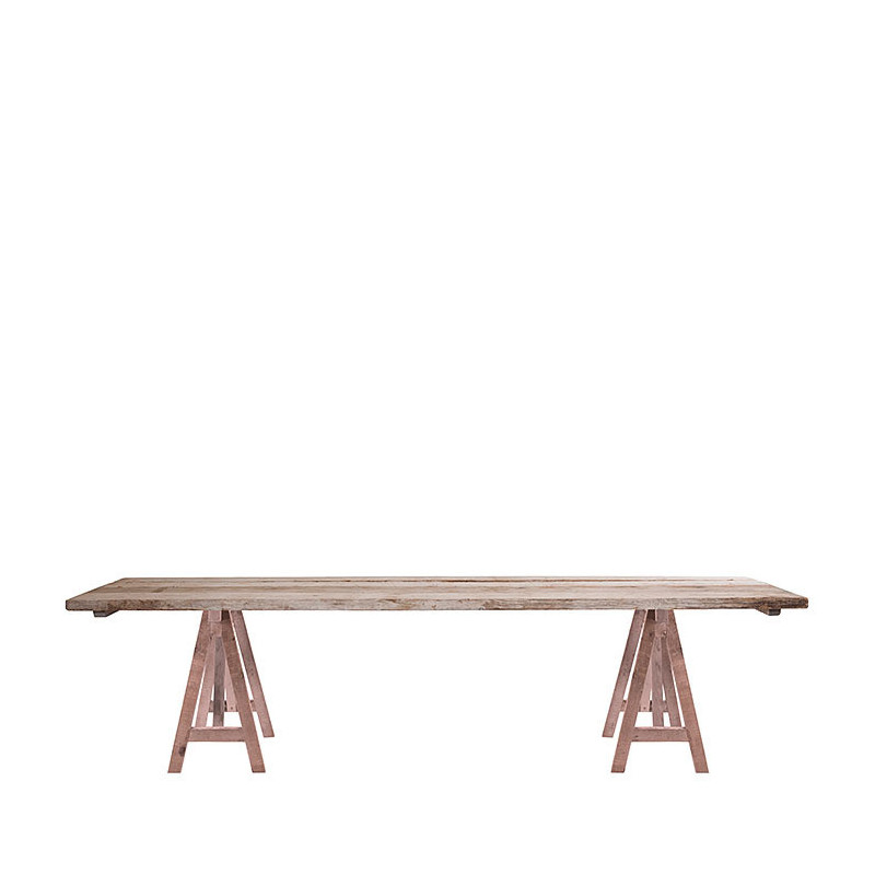 Table en bois brut avec 2 treteaux en bois brut 100 x 300 h76 cm