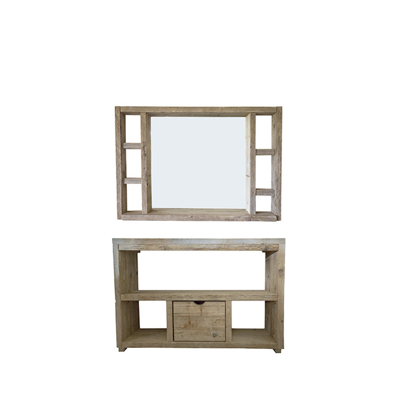 Raw plank console with 3 shelves and drawer 130 x 40 h90 cm