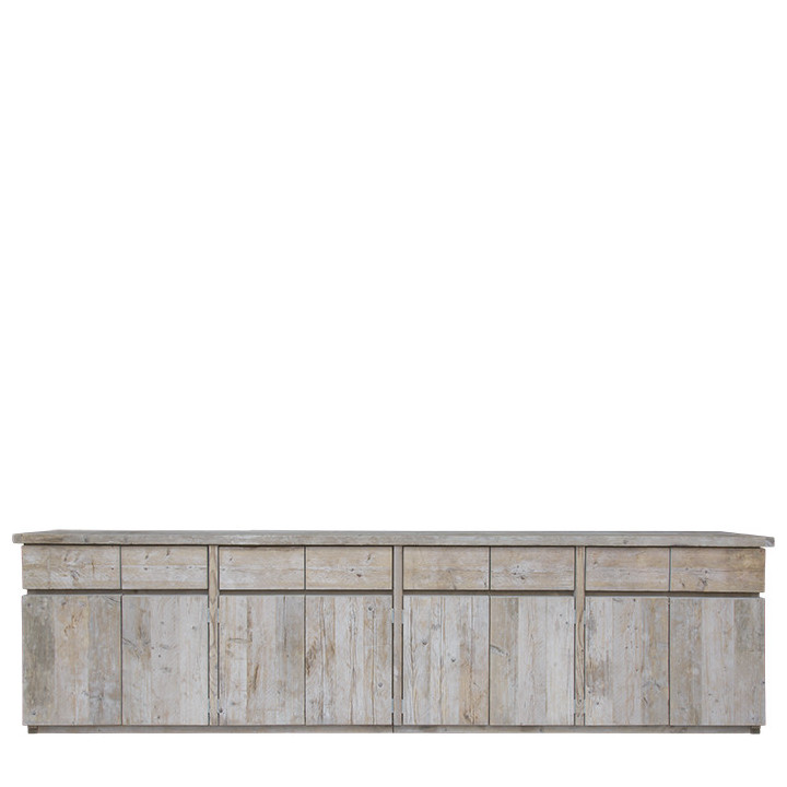 Meuble en bois brut avec 8 tiroirs et 8 portes 400 x 50 h100 cm