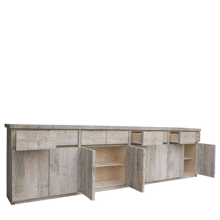 Raw plank counter with 8 drawers and 8 doors 400 x 50 h100 cm