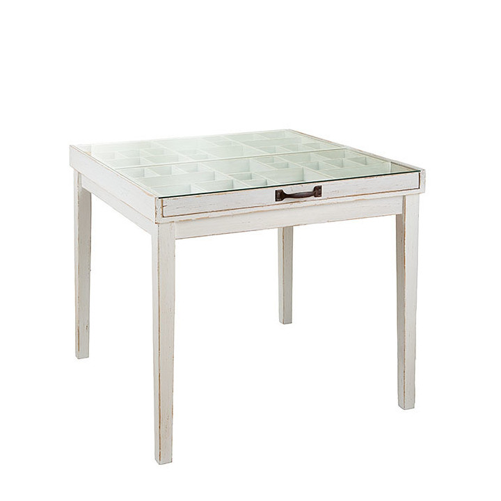 Table d'exposition blanche surface en verre 90.5 x 84.5 h78.5 cm