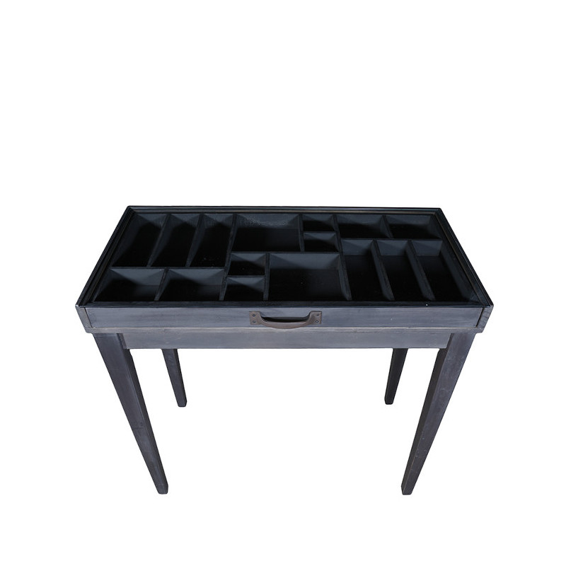 Mi-table d'exposition en verre et bois couleur naturelle  44 x 85 h78.5 cm