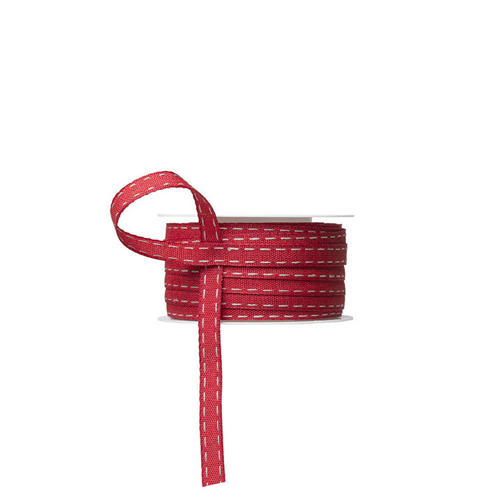 Red ribbon with linen stitching 3m x 1,2cm