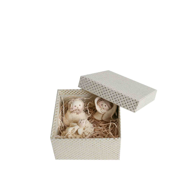 Creche en resin dans boite doree a pois