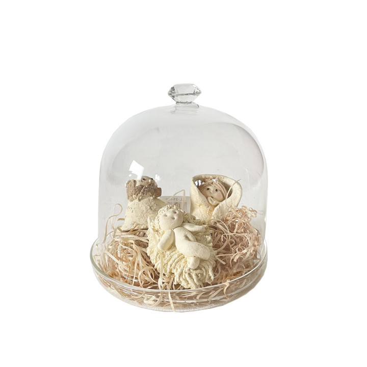 Resin crib in a glass dome with base and hay
