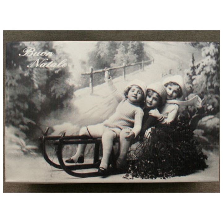 Boite vintage en fer-blanc traineau buona natale 32x21x12 cm