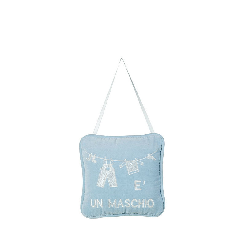 Petit coussin bleu e' un maschio (c'est un garcon) 14 x 14 cm