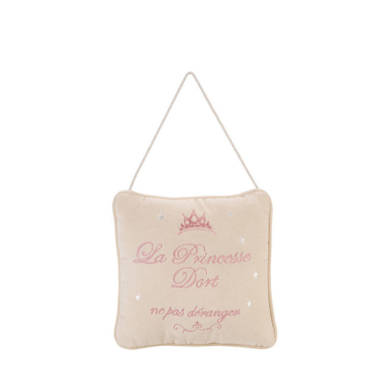 Cuscino ricamato rosa "la princesse dort..." 20 x 20 cm