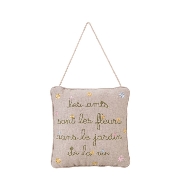 Cuscino ricamato "les amis sont les fleurs..." 20 x 20 cm