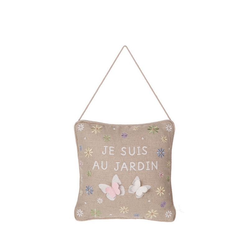 Coussin broide "je suis au jardin" 20 x 20 cm