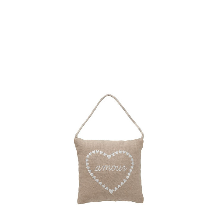 Cuscino ricamato "amour" e cuore al talco 10 x 10 cm