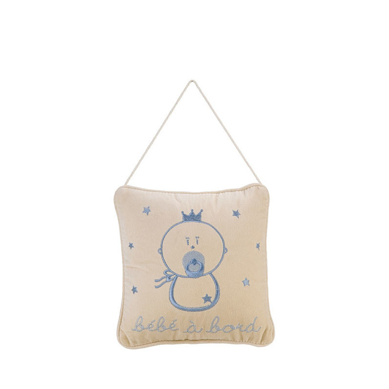 Coussin broide "bebe a bordo" (bebe a bord) bleu 20 x 20 cm