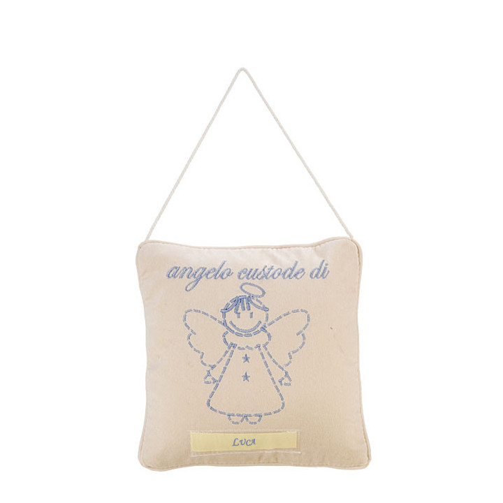 Cuscino ricamato azzurro "angelo custode di" 20 x 20 cm