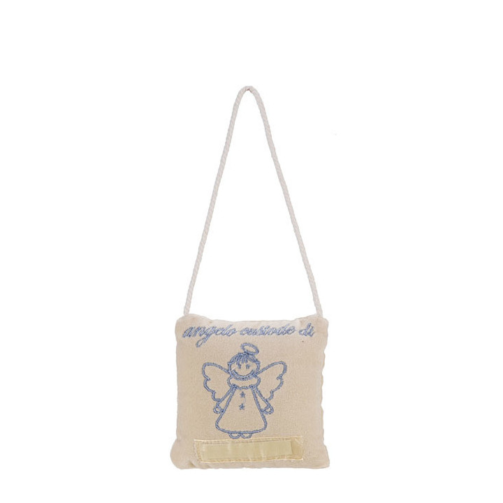 Embroidered throw pillow "angelo custode" (guardian angel) light blue hem 10 x 10 cm