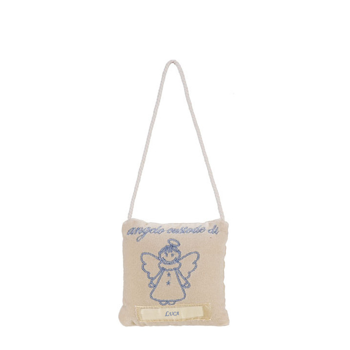 Embroidered throw pillow "angelo custode" (guardian angel) light blue hem 10 x 10 cm