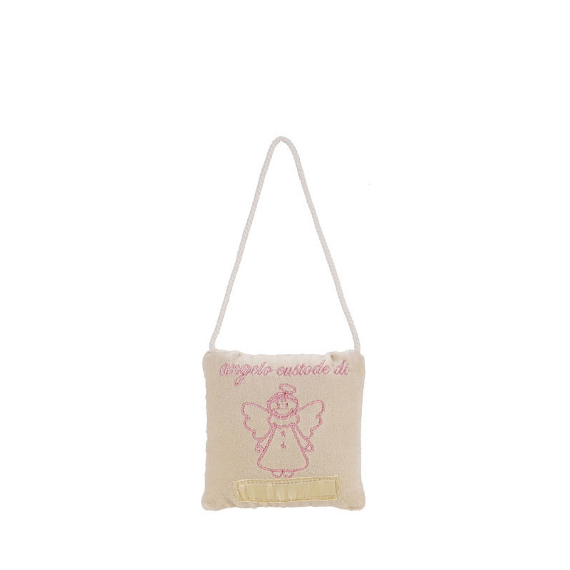 Embroidered throw pillow "angelo custode" (guardian angel) pink hem 10 x 10 cm