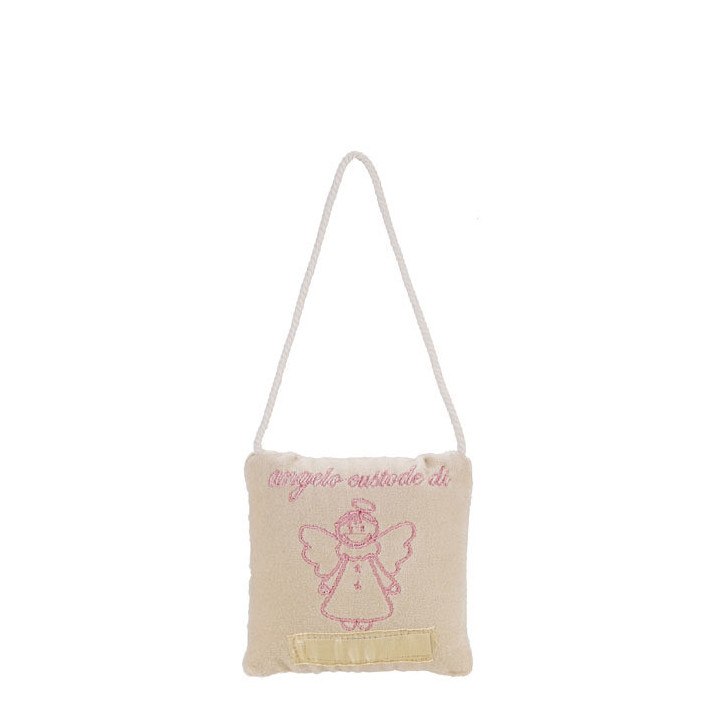 Embroidered throw pillow "angelo custode" (guardian angel) pink hem 10 x 10 cm