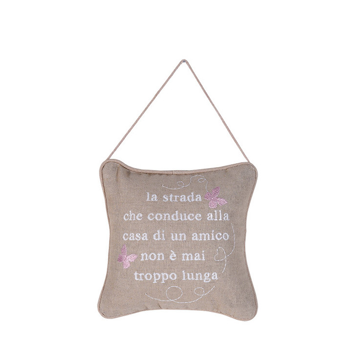 Cuscino ricamato "la strada.." e farfalle 20 x 20 cm