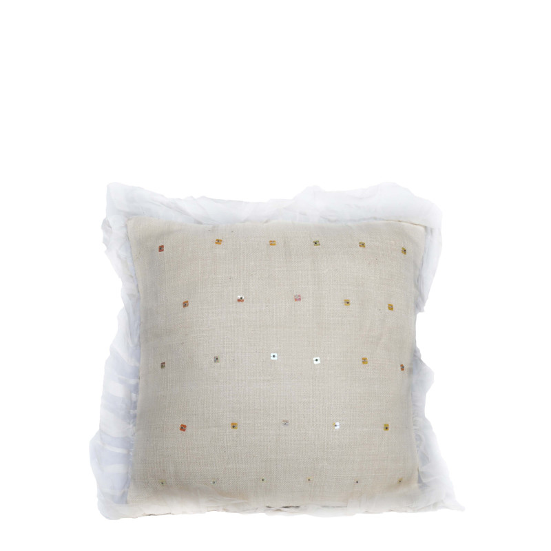 Housse en canapa creme avec petites perles et bord en tulle 40x40 cm