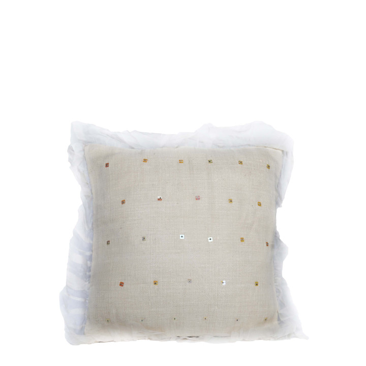 Cream canapa linen with small pearls and tulle 40x40 cm