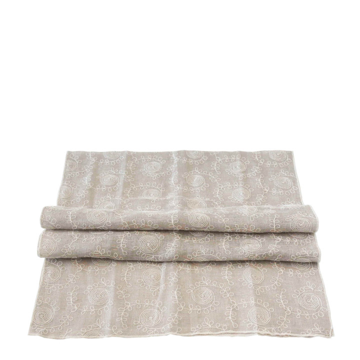 Chemin de table 100%lin gratte naturel avec decors creme 50x160 cm