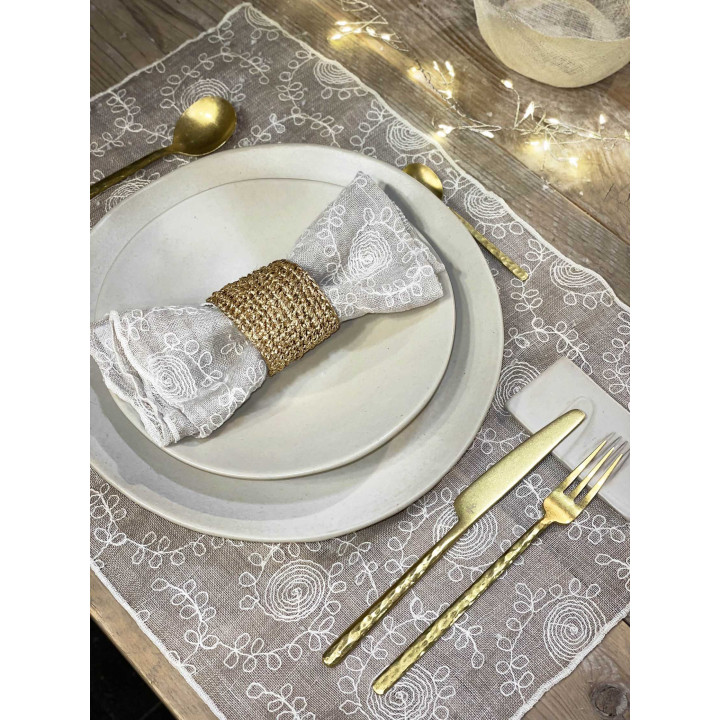 Tovagliolo 100% lino garzato naturale decoro panna 40 x 40 cm