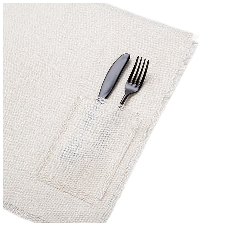 Set de table americain 100% lin brut blanc poche franges 35 x 48 cm