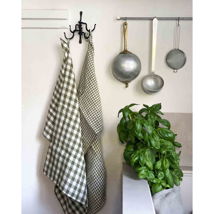Torchon 100% lin petits carres coul. vert/blancs 50x70 cm